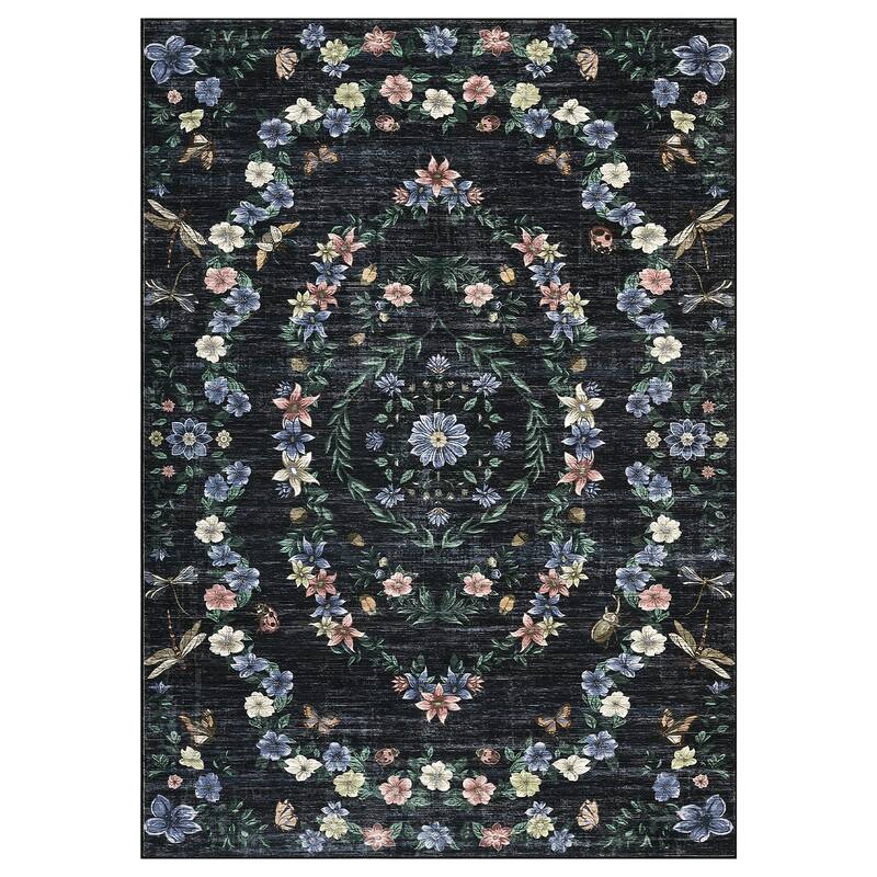 Modern Insect Botanical Pattern Area Rug Floral Print Rug Non-Slip Low Pile Soft Accent Carpet for Living Room Bedroom