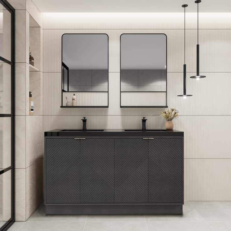 Milano 60" Freestanding Bathroom Vanity with Double Black Acrylic Sink - 59.06" x 19.49" x 35.46'' - Black