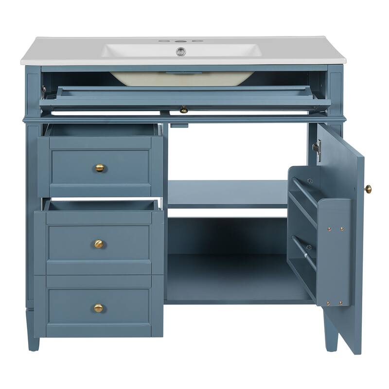 36" Bathroom Vanity with Top Sink, Modern Bathroom Storage Cabinet with 2 Drawers and a Tip-out Drawer