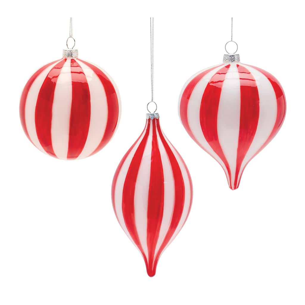 Shiny Finish Striped Glass Christmas Ornaments 7" 180mm Red White 6Ct