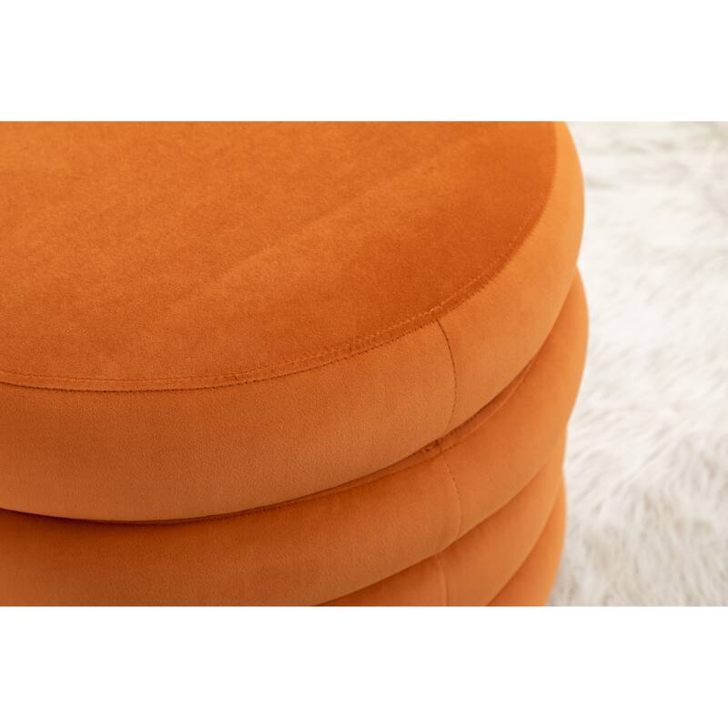 Velvet Round Ottoman with Storage, Footstool with Wooden Shelving, Multifunctional Round Vanity Stool for Makeup