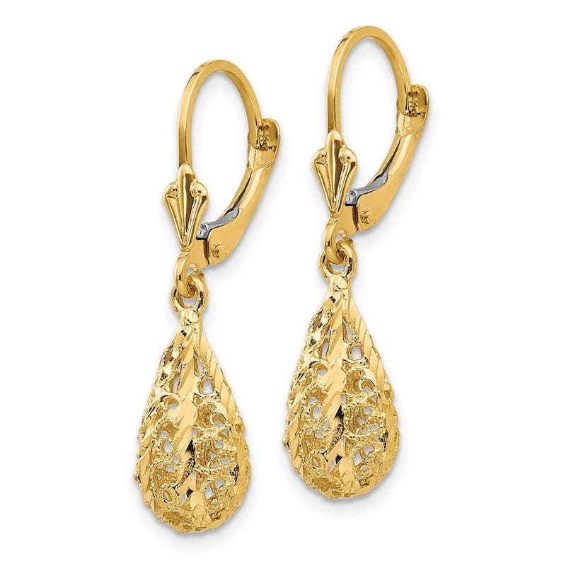 Curata 14k Yellow Gold Sparkle Cut Filigree Teardrop Dangle Leverback Earrings 30x7mm