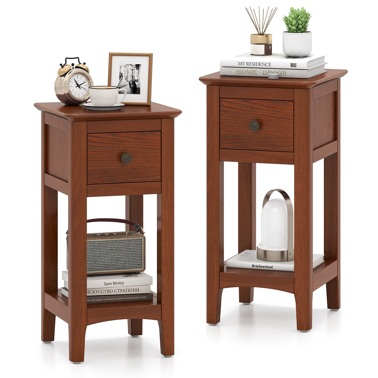 Gymax 2PCS Nightstand 3-Tier Bedside Table w/ Open Storage Shelf &