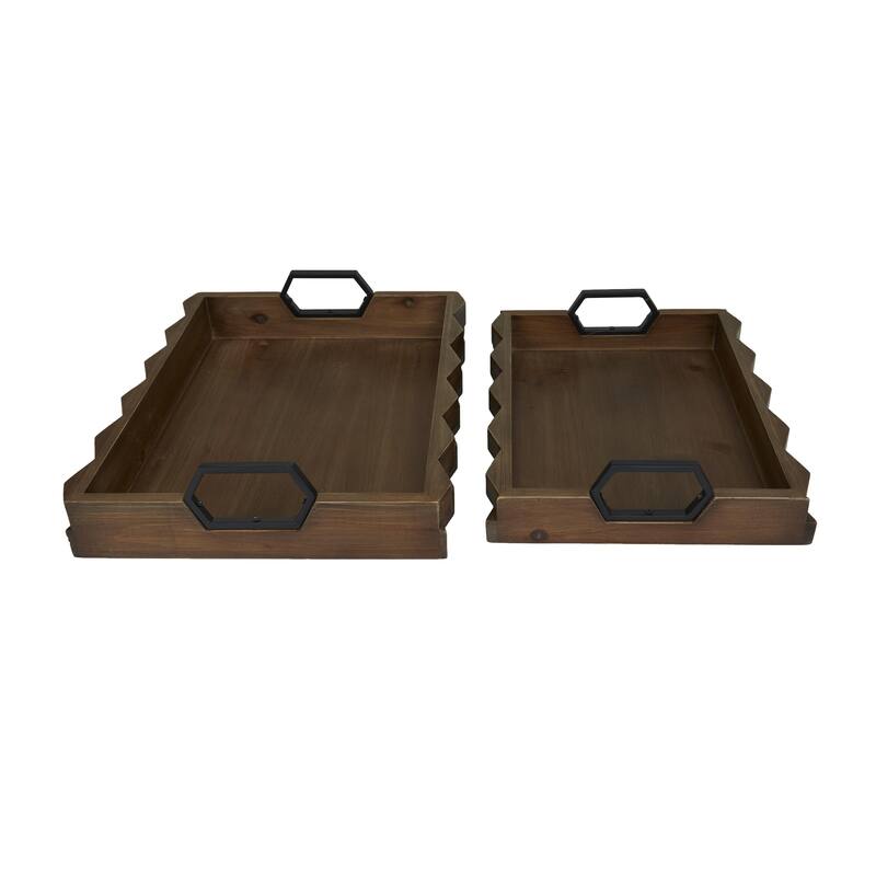 Wood Living Room Decor Tray with Metal Handles - Set of 2 Dark Brown - Roche River Decor