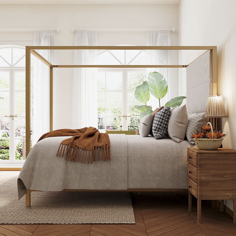 Metal Canopy Bed with Upholstered Wingback Headboard, Modern Platform 4-poster Bed Frame, Box Spring Needed