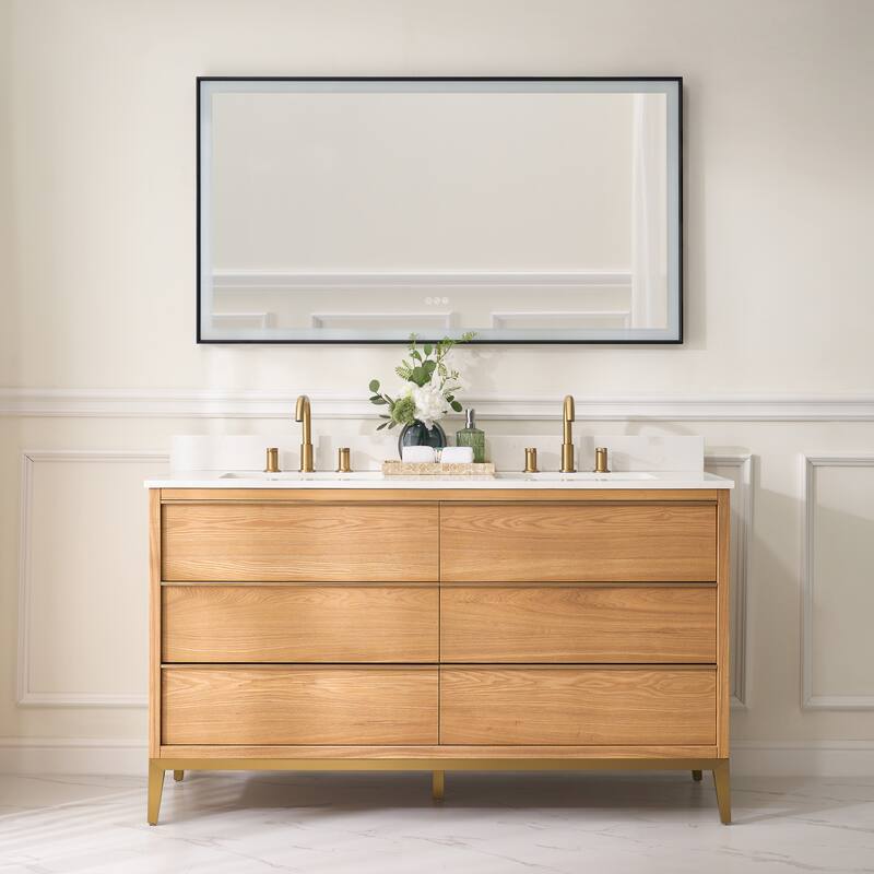 36"/48"/60" W Width Solid Wood Bathroom Vanity with Stain-resistant Carrera White Quartz Top and Sink - 60''Wx35''H - Light Oak