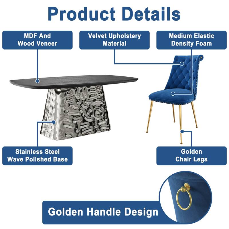 7-Piece Clihome Modern Stainless Steel Table Velvet Chair Dining Set