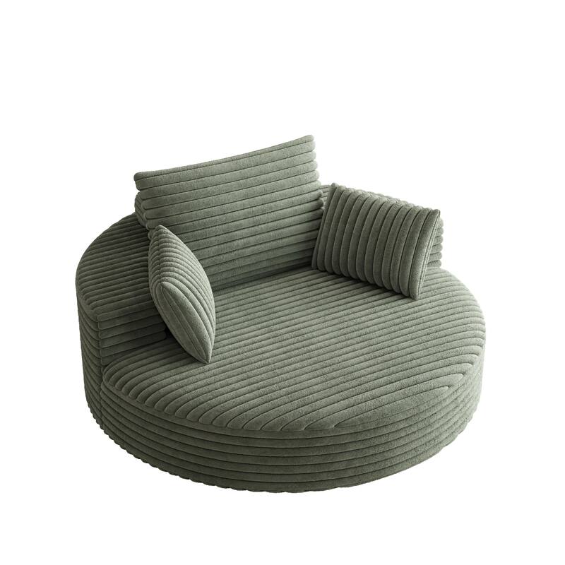 Oversized Swivel Accent Chair, Corduroy Round Lounge Sofa Chair, Upholstered Reading Armchair with Back Cushion & 2 Pillows