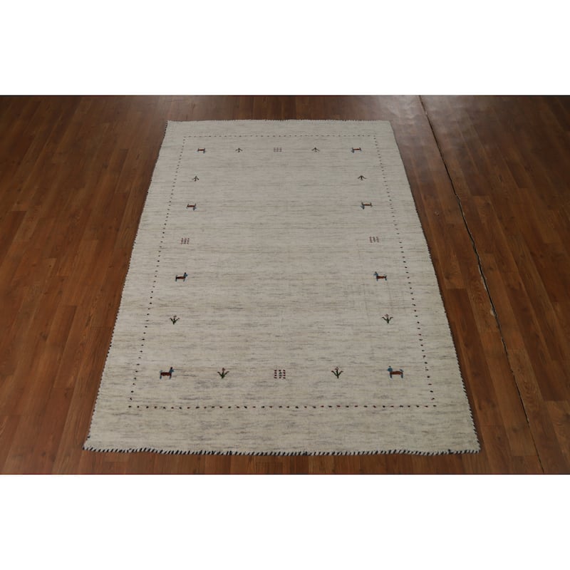 Gabbeh Oriental Rug Handmade Beige Tribal Wool Carpet - 4'4" x 5'10"