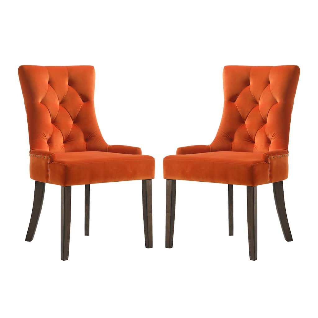Set of 2 Velvet Upholstered Dining Chairs, Orange and Weathered Oak