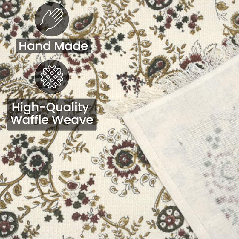 Fabdivine Honeycomb or Waffle Weave Hand Block Floral Print Hand Towel, Kitchen Gift Use