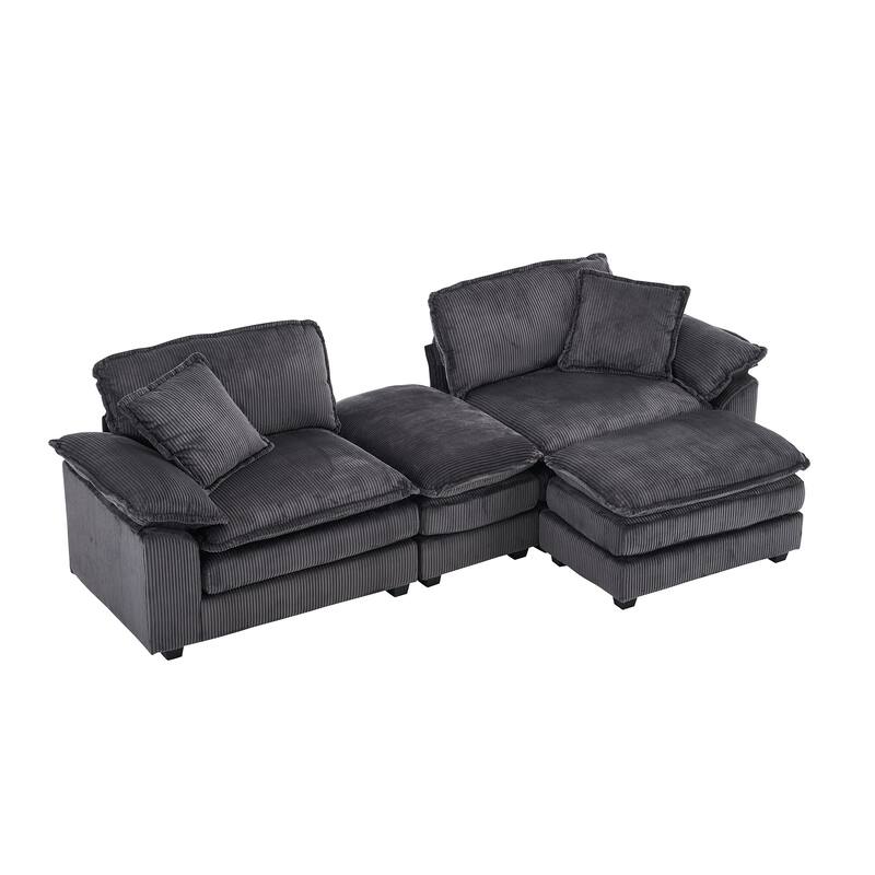 84.6" Corduroy 2-seats sofa With 2 back pillows,2 toss pillows and two ottoman