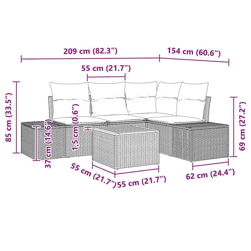 vidaXL 5 Garden Sofa Set with Cushions Black/Grey Poly Rattan - 82.3 x 60.6 x 27.2