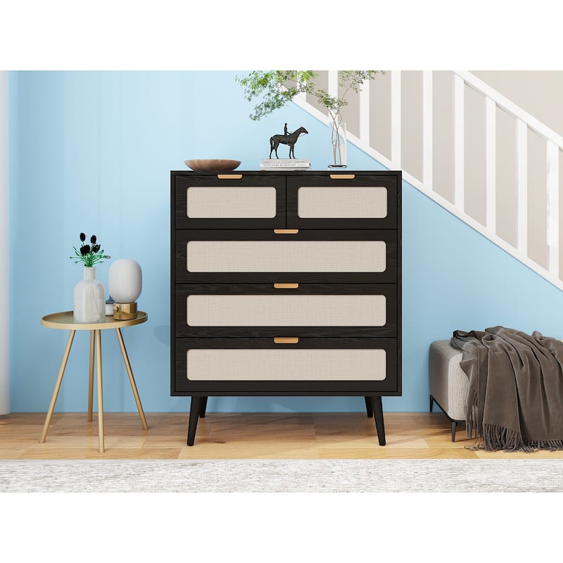 Natural Rattan 5 Drawer Cabinet, Accent Storage Cabinet