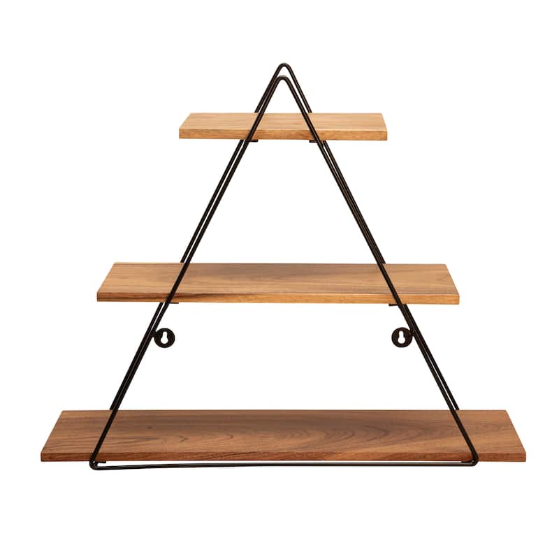 Sagebrook Home 20" Wooden Triangle Shelf with Metal Frame, 3 Tiered Wall Shelf in Brown, Rustic Farmhouse Storage