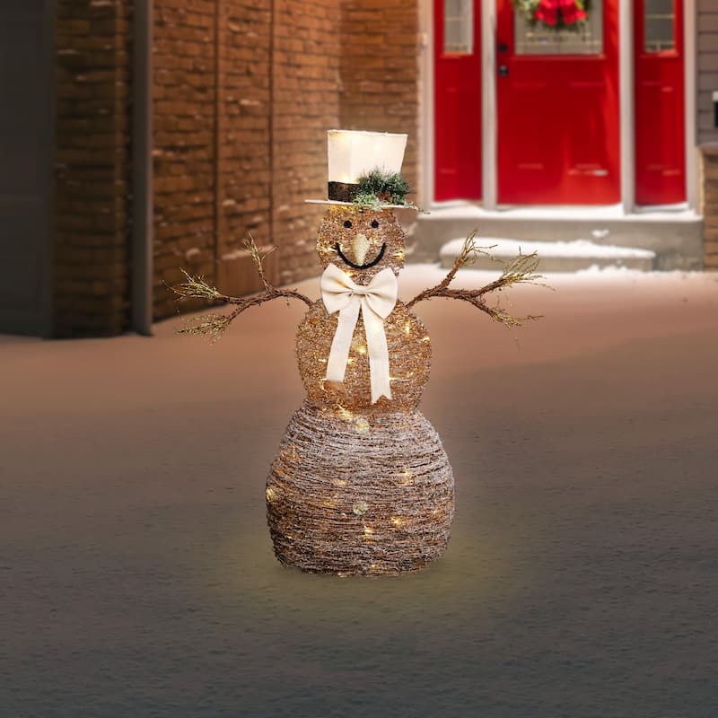 LED Lighted Rustic Rattan Snowman Outdoor Christmas Decoration - 48" - Warm White - Brown