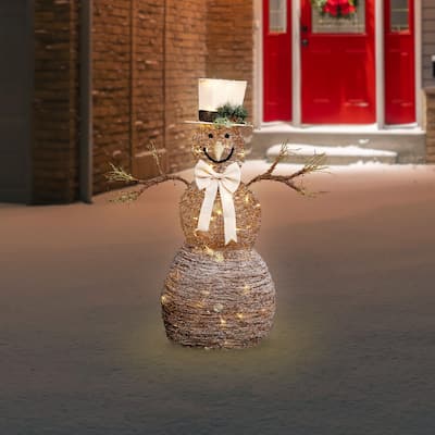 LED Lighted Rustic Rattan Snowman Outdoor Christmas Decoration - 48" - Warm White - Brown