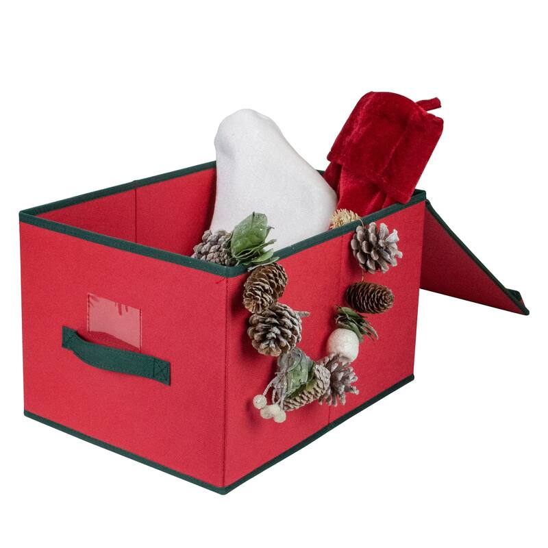 16" Red Green Collapsible Christmas Decoration Storage Box with Handel