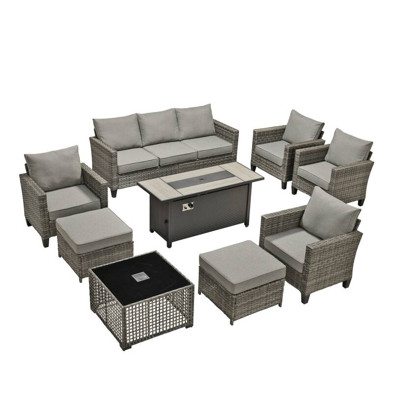 OVIOS 9 Pieces Patio Furniture Set with Solar-Powered Table & 54" Fire Table