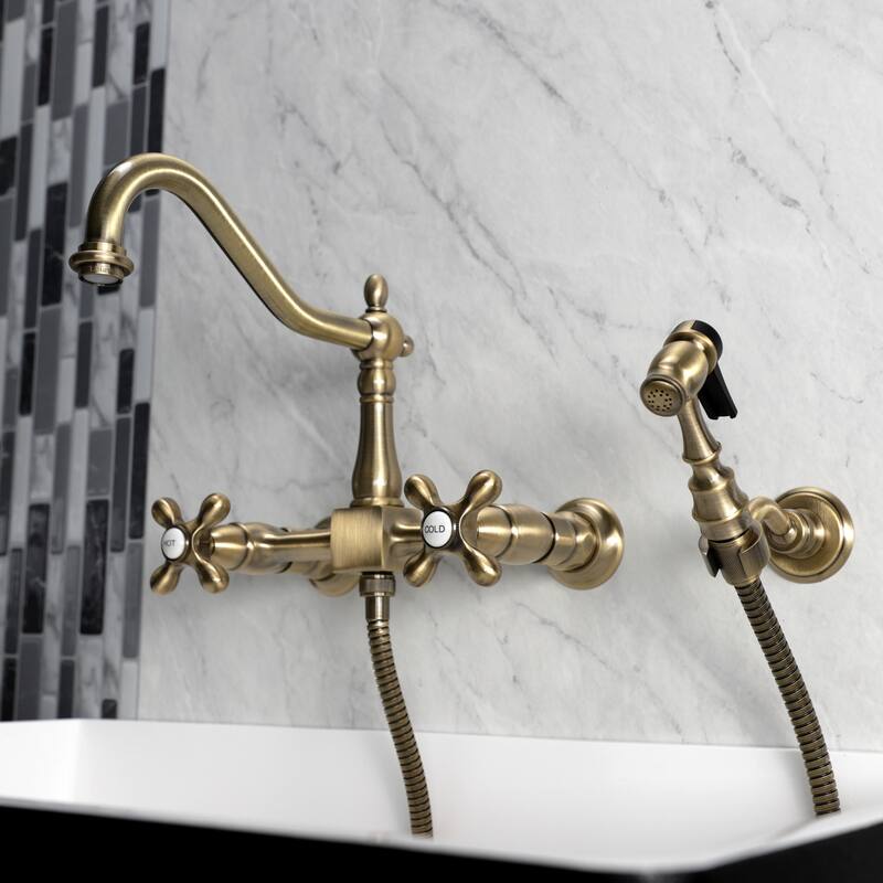 Heritage Two-Handle Wall Mount Bridge Kitchen Faucet with Brass Sprayer