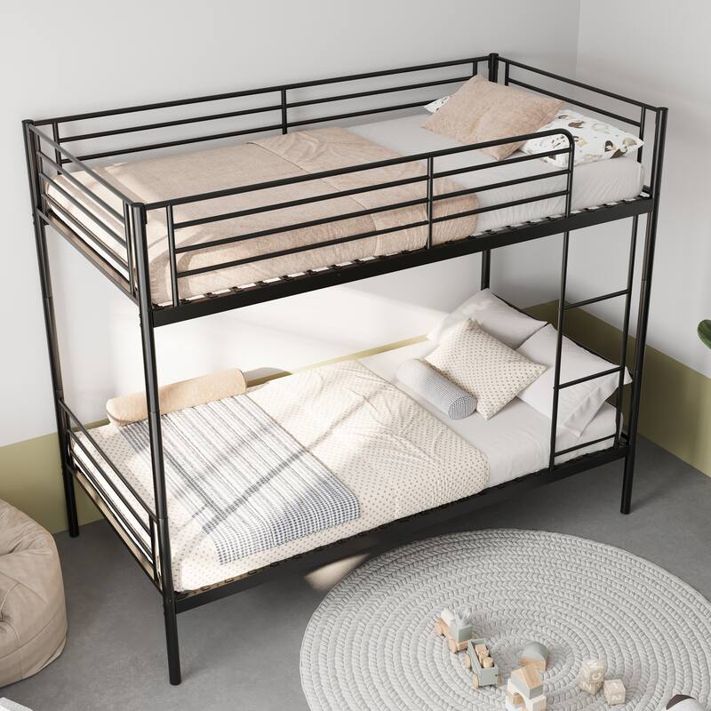 GDFStudio - Able to Split Twin Size Metal Bunk Bed Twin Over Twin with Ladder and high Guardrail