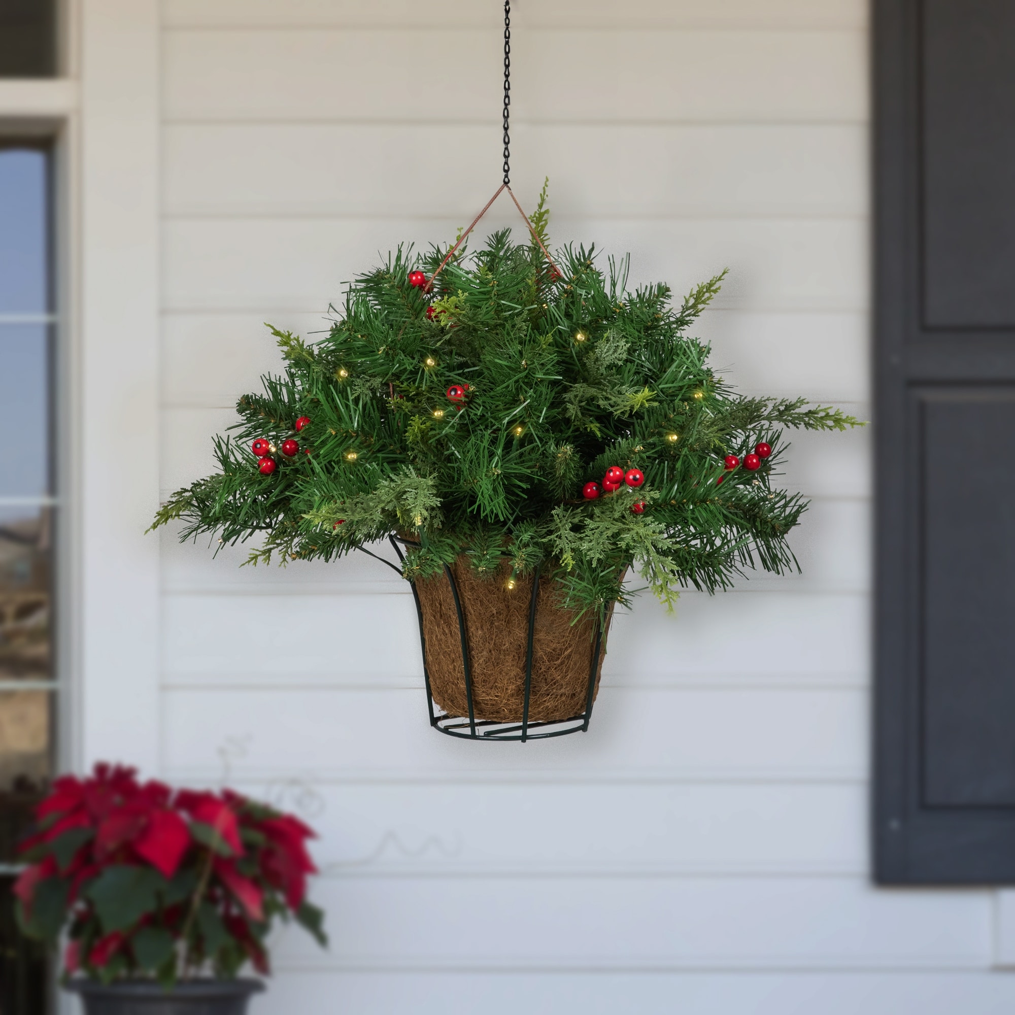 Pre-Lit LED Red Berries and Mixed Pine Hanging Christmas Basket - 18"