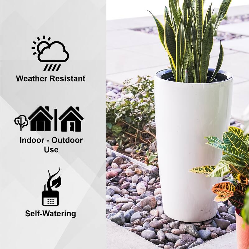 XBrand 21" H Plastic Self Watering Indoor Outdoor Tall Round Planter Pot w/Glossy Finish, Decorative Gardening Pot