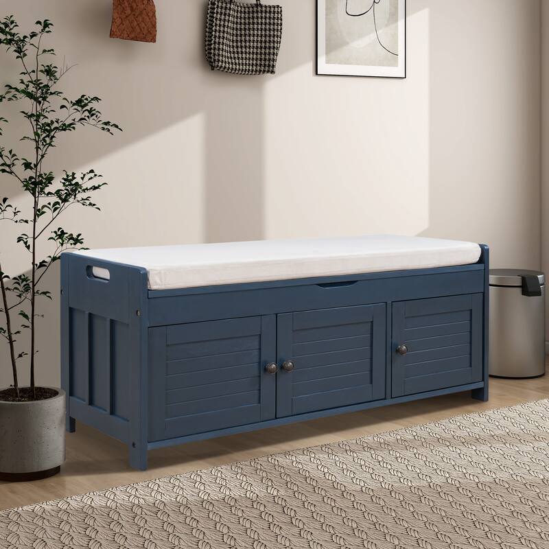 43.5" Storage Bench With Linen Blend Cushion - Navy