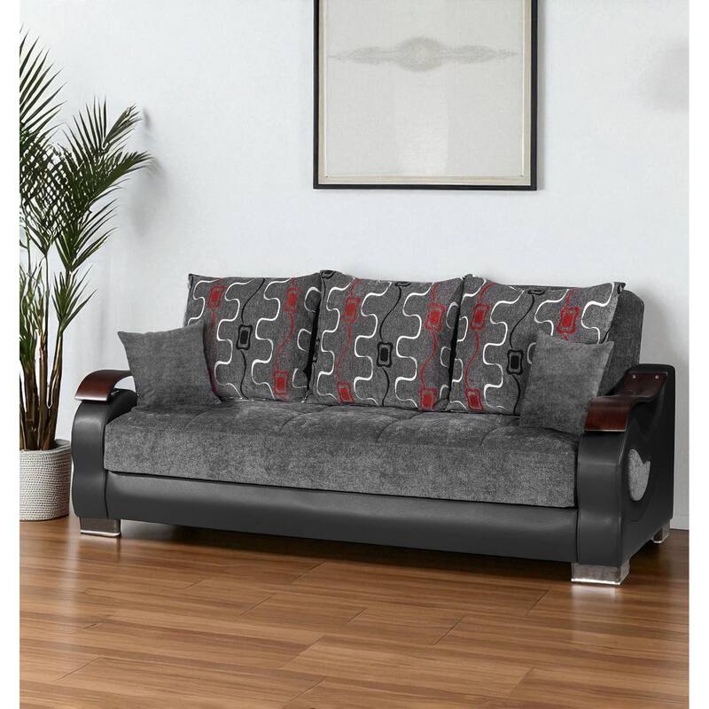 HomeRoots 87" Gray Chenille Convertible Futon Sleeper Sofa And Toss Pillows With Storage - Gray