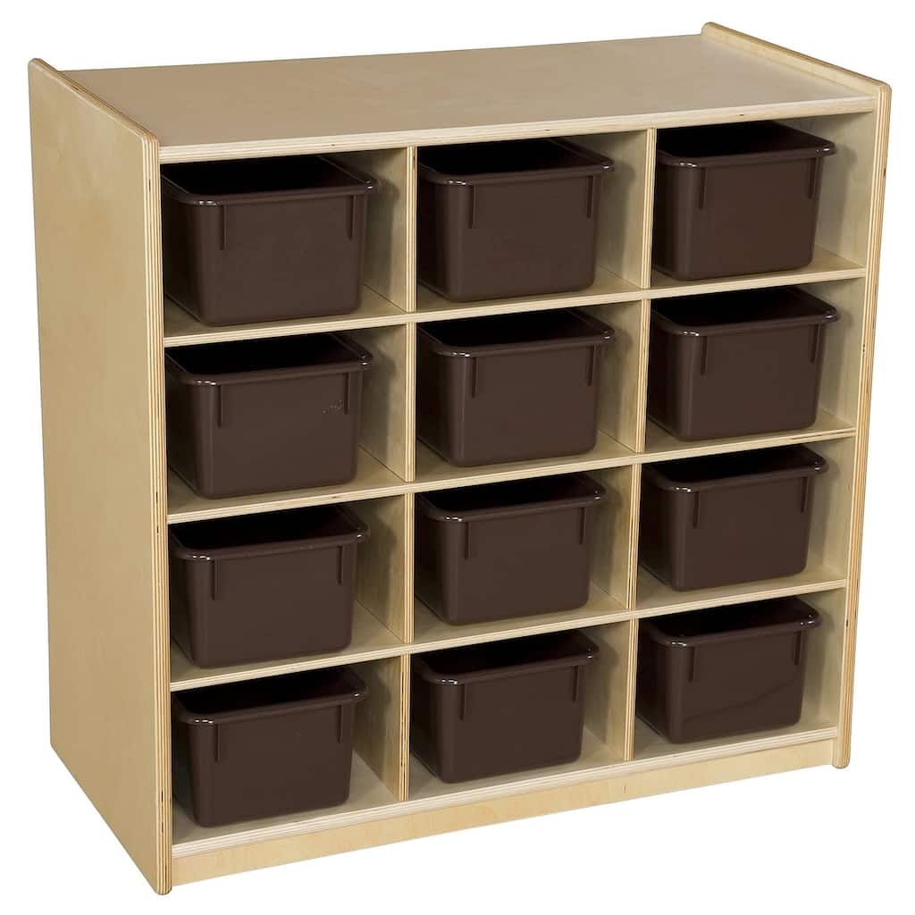 Wood Designs 12 Cubby Storage Cabinet with Brown Bins, Montessori Toddlers Wooden Toy Storage Organizer for Kindergarten - 30"