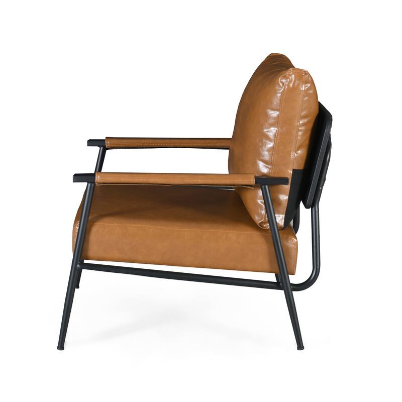 Mid-Century Modern Accent Chair with Brown Faux Leather Upholstery, Padded High Backrest,Metal Frame and Wood Armrests