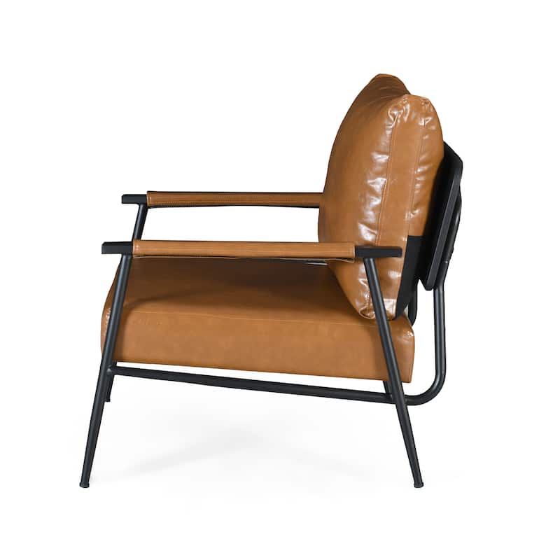 Roomfitters Mid-Century Modern Accent Chair with Faux Leather Upholstery and Metal Frame, Lounge Chair for Living Room, Brown