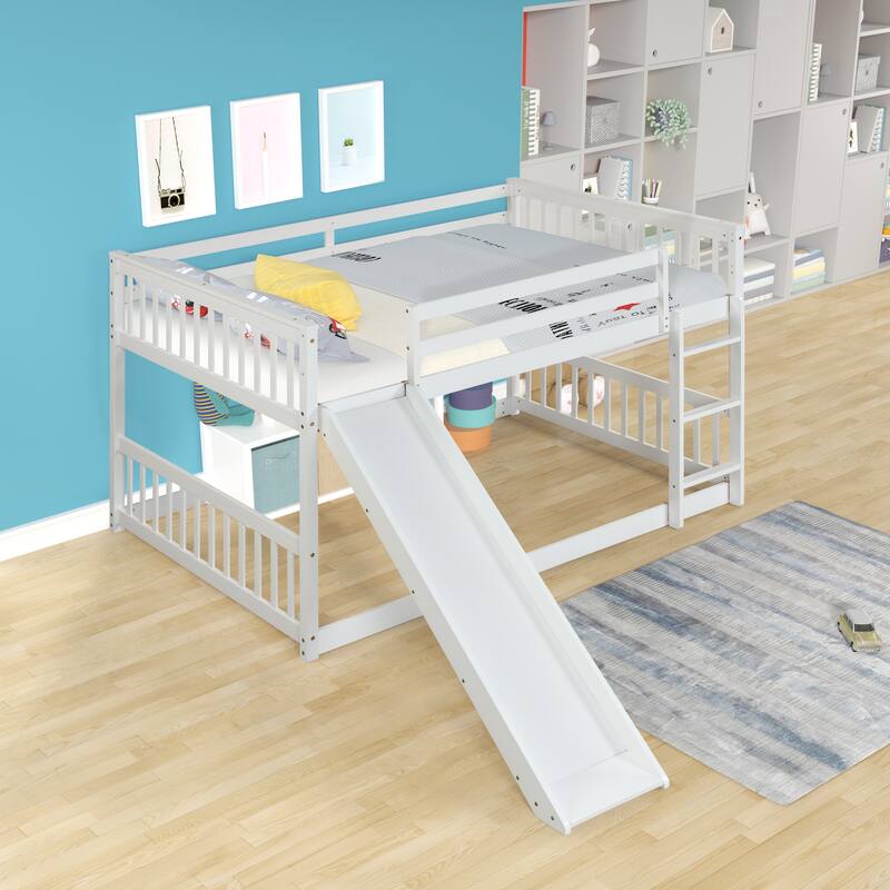 White Full Over Full Bunk Bed with Slide and Ladder, Sturdy Pinewood Frame