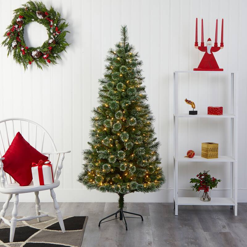 6’ Wisconsin Slim Snow Tip Pine Artificial Christmas Tree, Clear LED - 6 Foot