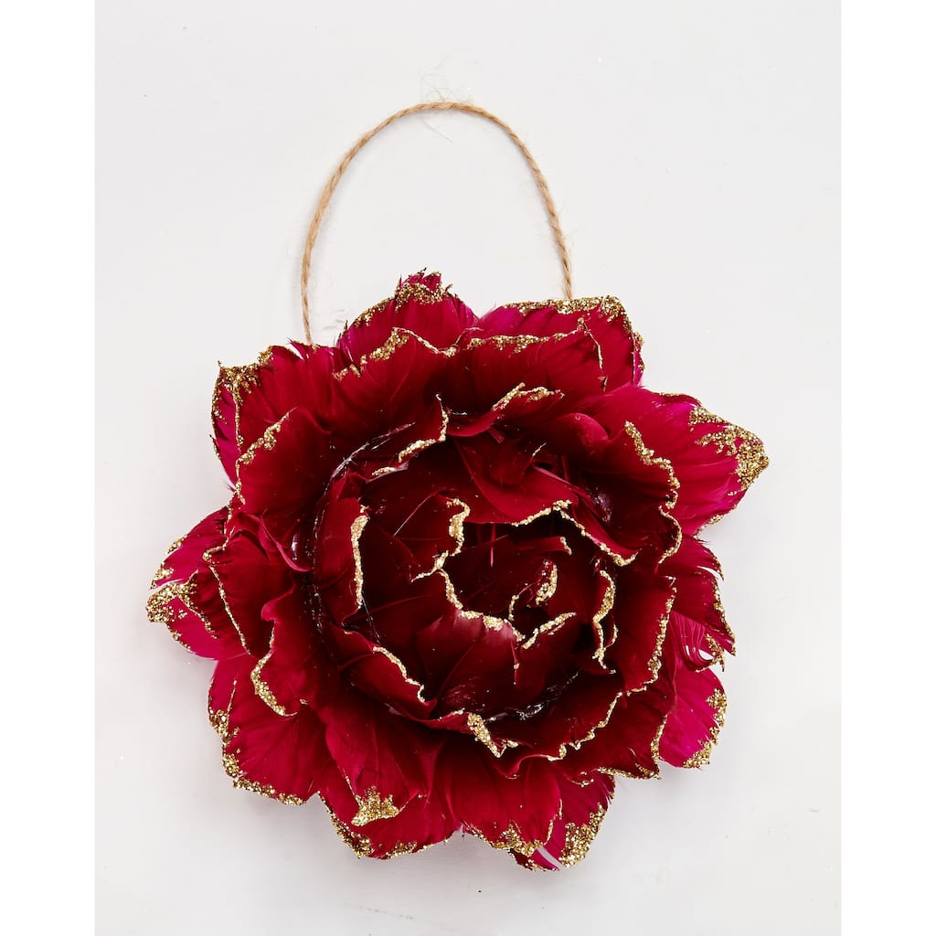3" Glittered Tip Feather Flower Ornament, Burgundy, Set of 6