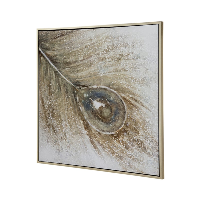 39 x 39 Handpainted Wall Art, Peacock Feather Painting, Blue and Gold