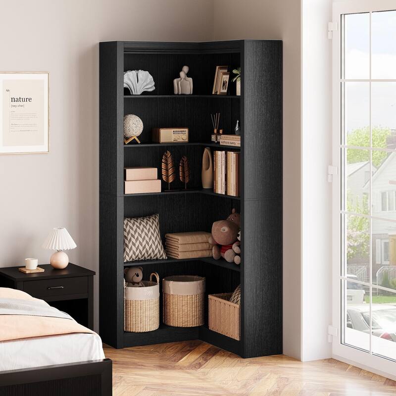71.8" Tall Corner Bookshelf, 5-Tier L-Shaped Corner Bookcase, Modern Industrial Wood Display Storage Shelves for Living Room