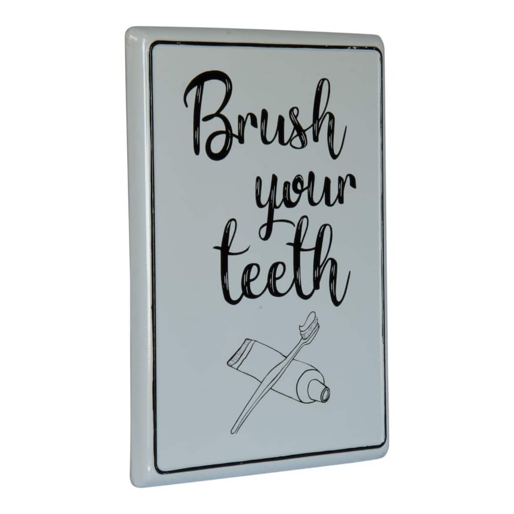 Brush Your Teeth Bathroom Enameled Metal Plaque 13.75 Inches - White