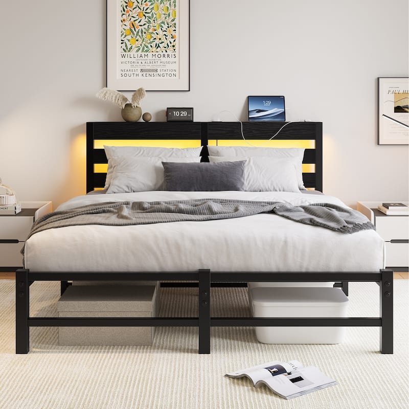 Modern Metal Bed with Wooden Headboard, RGB Lights & Storage Shelf - Black - Queen