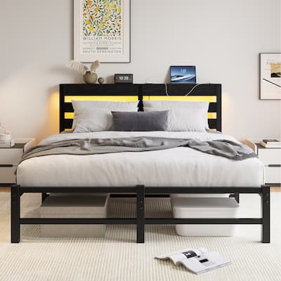 Queen Metal Platform Bed with RGB LED Headboard, USB Charging Ports, Storage Shelf & Underbed Space, No Box Spring Needed