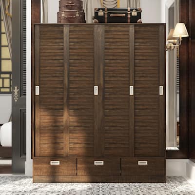 Closet Cabinet Wardrobe Armoire with Drawers, Hanging Rod Brown