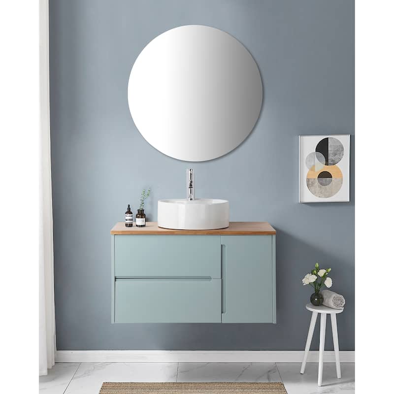 36" Blue Wall-Mounted Bathroom Vanity with Drawers, Top and Mirror