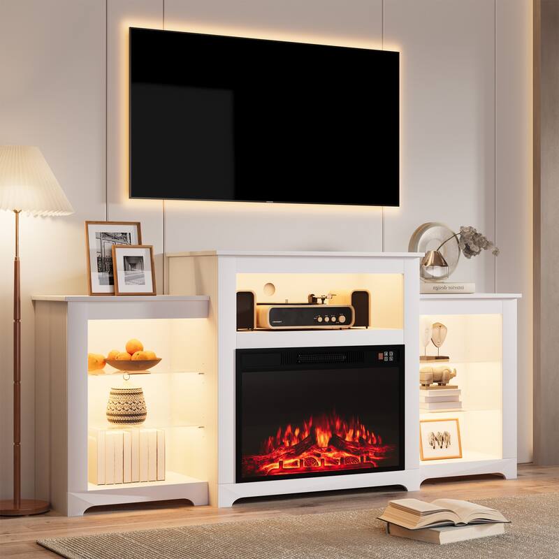 32" H TV Stand with Fireplace for TVs up to 80" - Remote Control, Energy-Efficient Heater, 16-Color Light Strip - 70'' - White