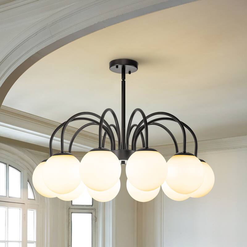 6/ 10-light Mid-Century Modern Black/ Brasss Round Sputnik Glass Globe Bubble Chandelier with Frosted Opal Glass Globe