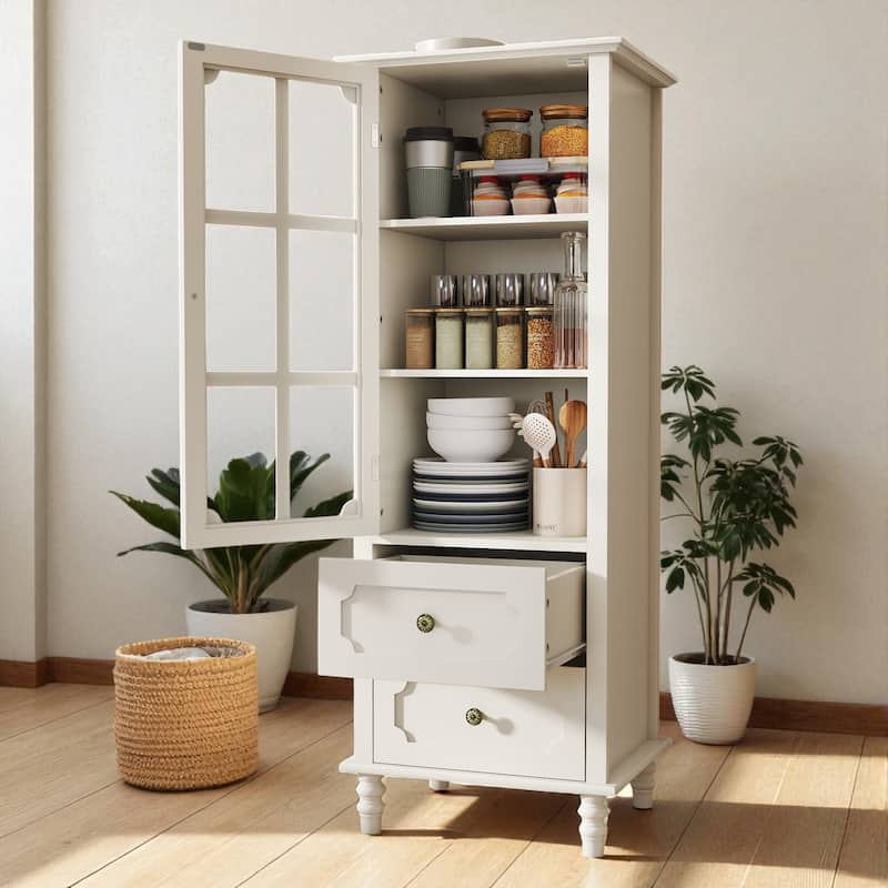 Modern Buffet Cabinet with Glass Doors and Double Drawer, Wooden Sideboard Storage Cupboard for Dining Room Entryway Hallway.