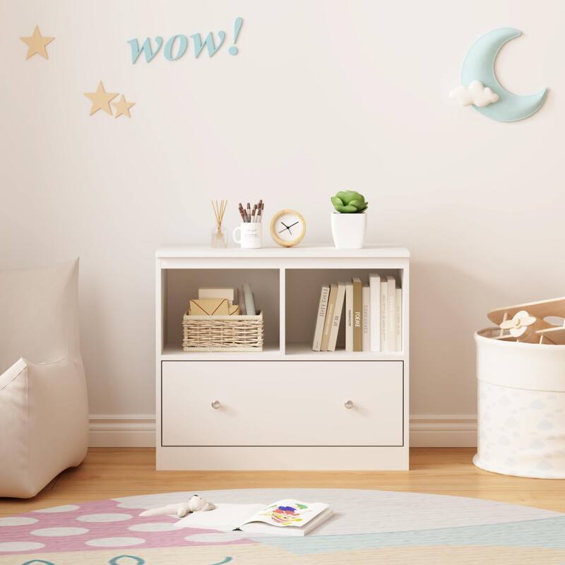 Modern White Storage Cabinet with Open Shelf and Drawer - Kids Playroom and Home Office Organizer - White