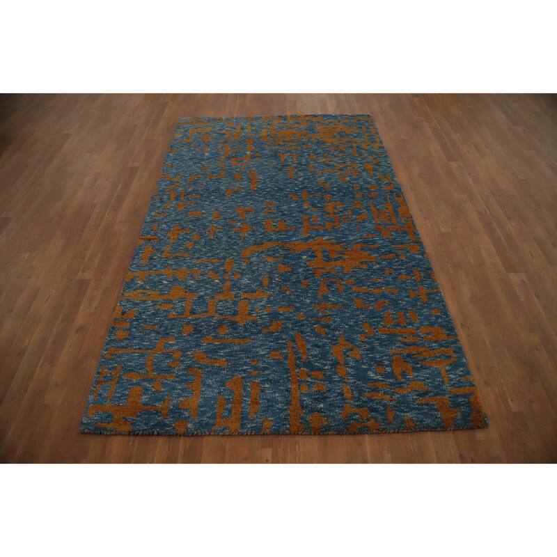 Hand Knotted Oriental 100% Wool Carpet Modern Abstract Navy Blue & Blues Gabbeh Area Rug - 7' 11'' X 5' 0''