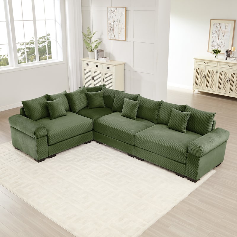 4-Seat Convertible Cloud Corduroy Modular Sofa with 13 Throw Pillows - Green