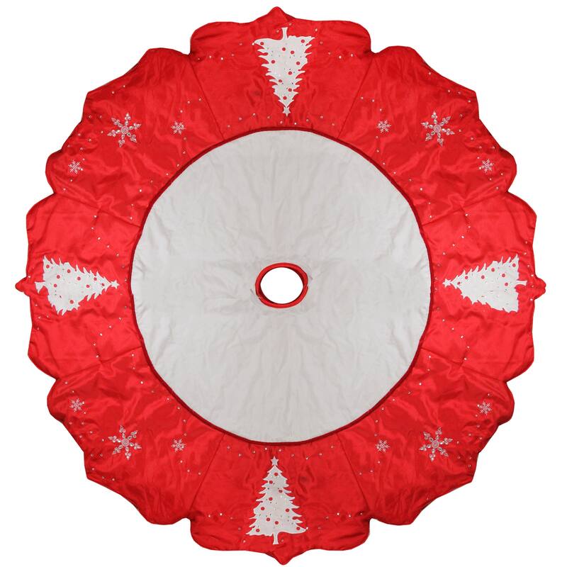 54" Red and White Embroidered Jeweled Tree with Snowflake Christmas Tree Skirt - 54