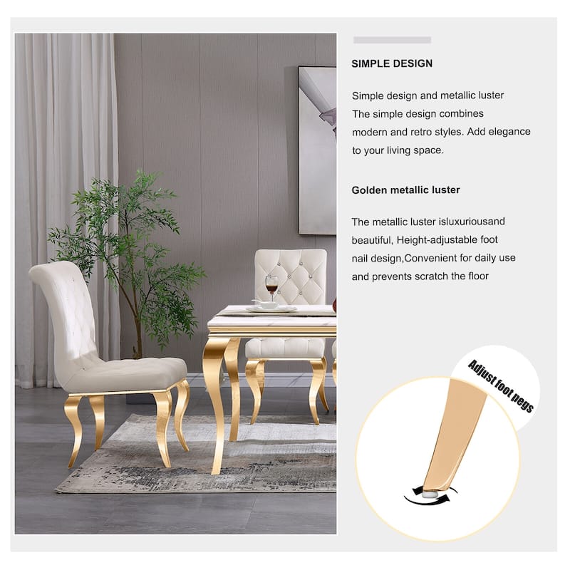 Luxury White Velvet Dining Chairs with Crystal Decor Button Tufted Back and Gold Metal Legs